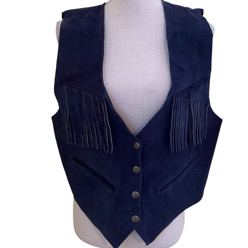 Fringed Suede Western Vest - Blue